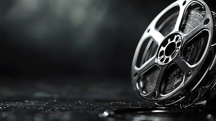 Obraz premium Vintage film reel in black and white, showcasing intricate details and textures, evokes nostalgia and art of filmmaking