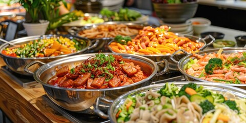 Obraz premium Group Dinner. A Buffet Celebration with Asian Cuisine, Crowd Choice, and Dessert Dining