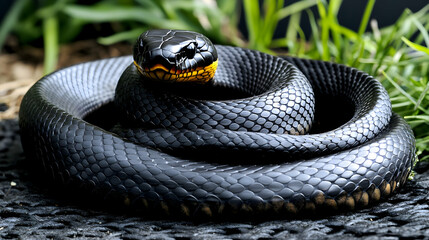 Obraz premium Stunning Close-Up of a Coiled Black Snake with a Distinctive Yellow-Patterned Head Resting on a Natural Background Surrounded by Grass and Textured Surface