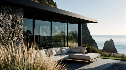 A modern exterior view of a minimal stone and wood cabin on the new zealand coast, large windows...