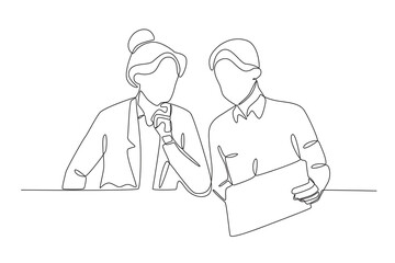 Single continuous line drawing of Workers from agency workers who meet with customers are explaining the product. Dynamic single line draw design graphic vector illustration.
