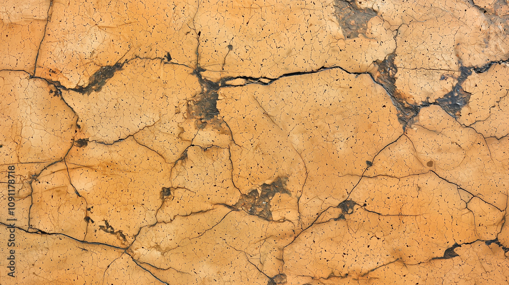 Aufkleber Cracked orange clay texture with visible lines and patterns, creating abstract and natural background. surface shows signs of weathering and erosion, adding depth and character