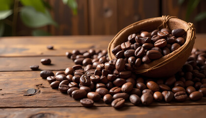 Fototapeta premium Freshly roasted coffee beans in a basket, natural rustic setting with wooden background