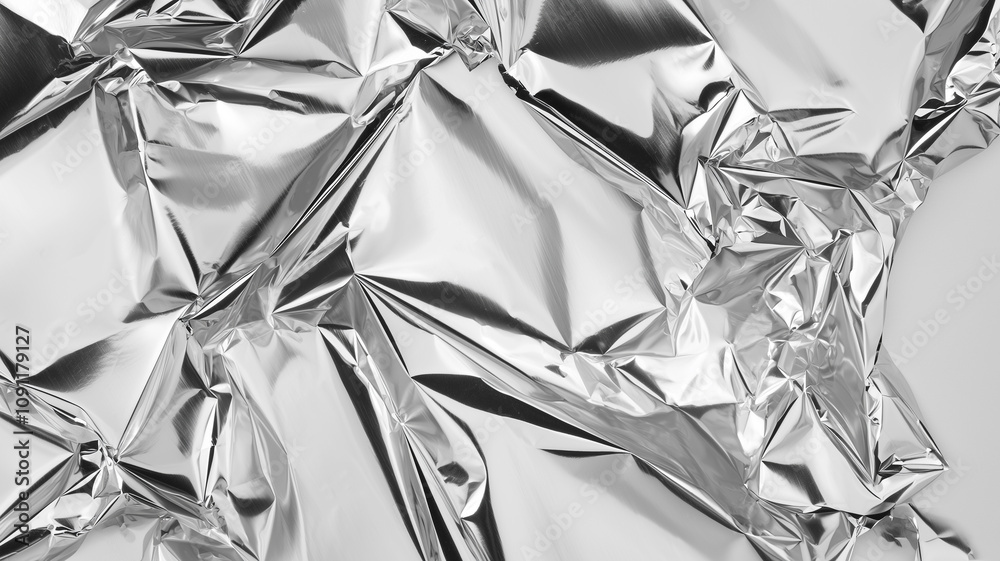 Poster crumpled aluminum foil texture with shiny, reflective surface, top view. intricate folds and creases