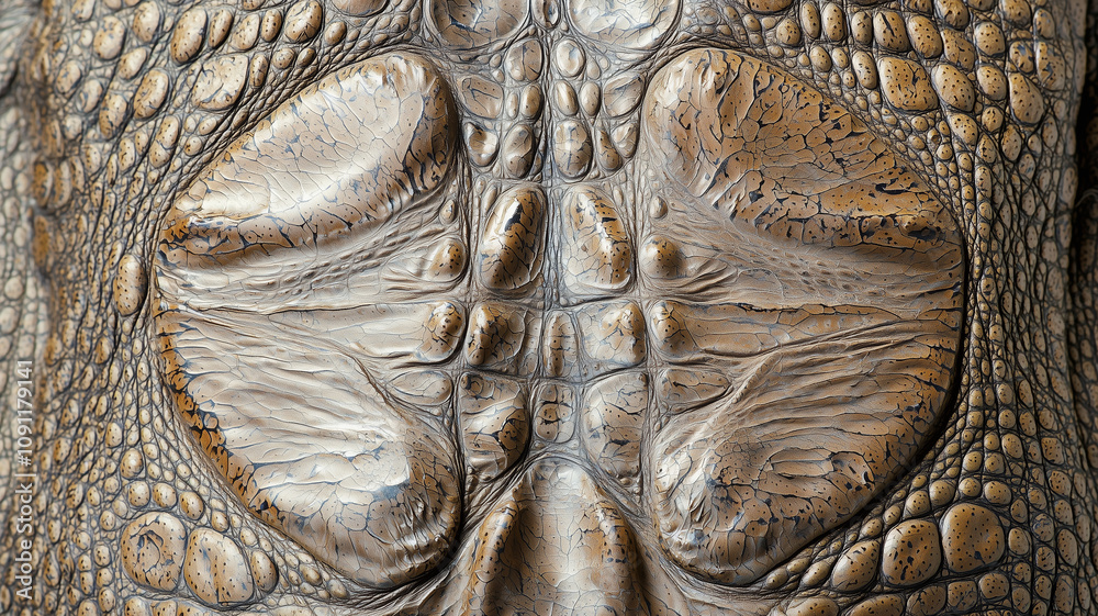 Poster image showcases detailed close up of crocodile skin texture, highlighting its intricate patterns and rugged surface. natural colors and textures are vividly captured, emphasizing unique