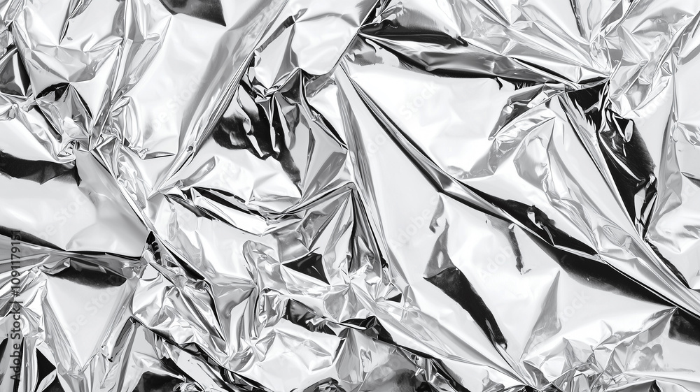 Poster Crumpled aluminum foil texture with shiny, reflective surface, top view. intricate patterns and metallic sheen create dynamic and abstract background
