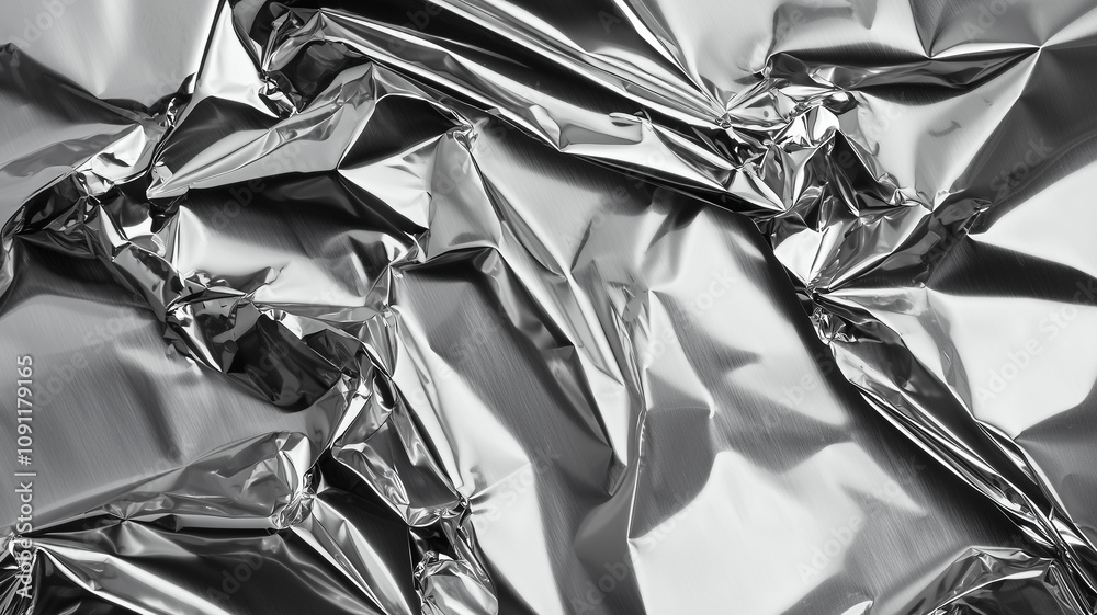 Aufkleber Crumpled aluminum foil texture with shiny metallic surface, top view. intricate folds and reflections create dynamic and abstract pattern, perfect for backgrounds or design elements