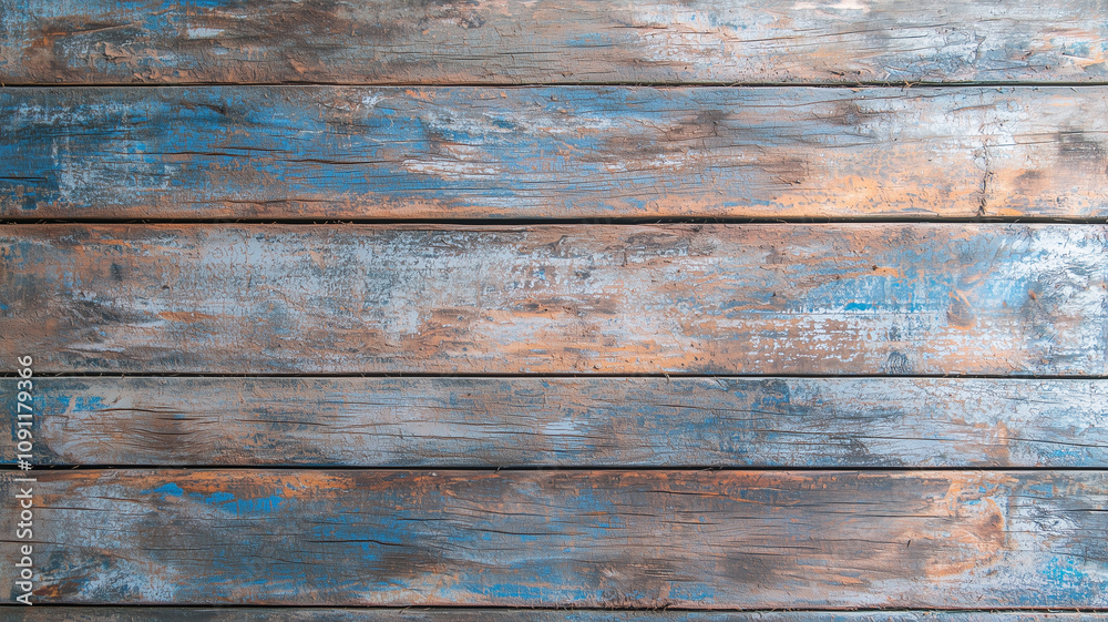 Aufkleber aged wooden planks with distressed blue and brown paint create rustic texture. weathered surface sho