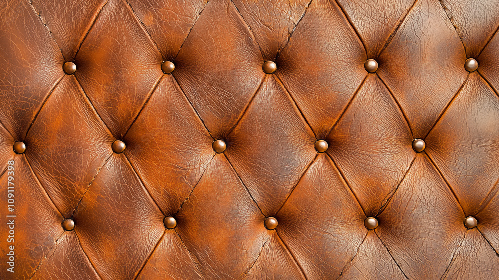 Poster rich brown leather texture with tufted pattern and buttons, showcasing luxurious and classic design.