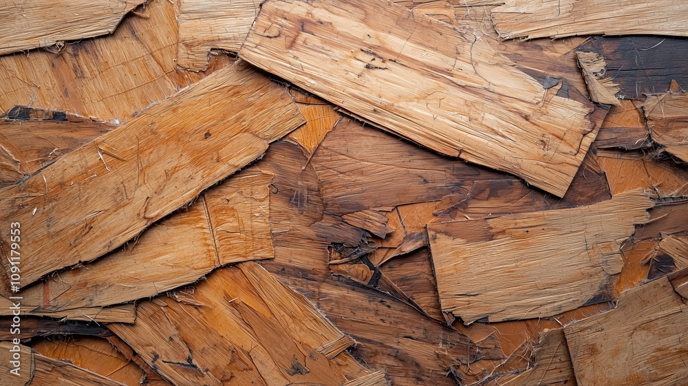 Poster close up view of textured fiberboard surface, showcasing overlapping wooden layers in various shades