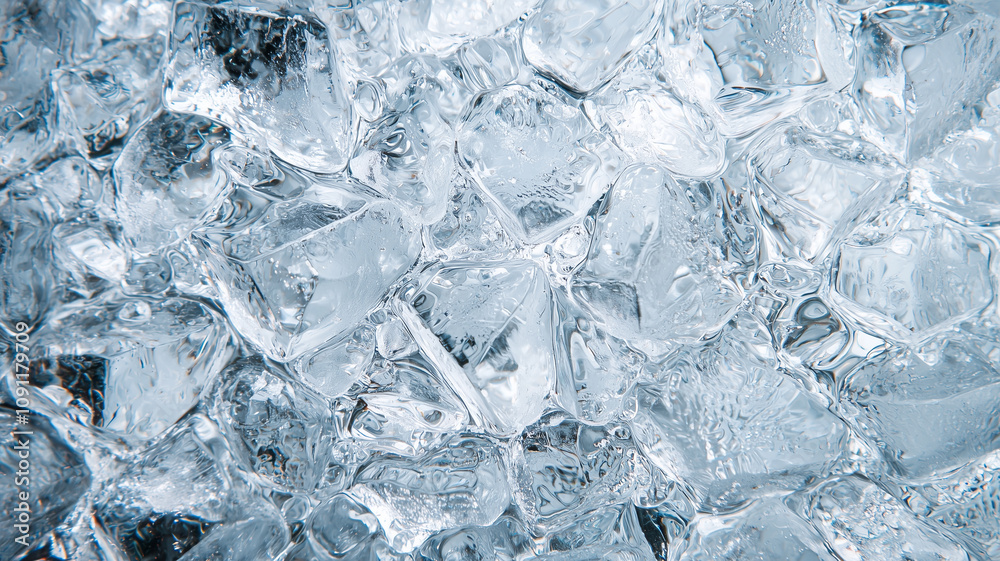 Poster top view of frosty ice cubes with intricate textures, creating refreshing and cool atmosphere. clear, crystalline structures reflect light beautifully, enhancing icy appearance