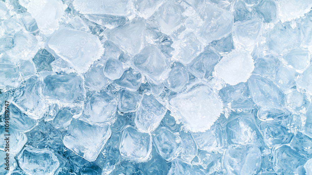 Poster top view of frosty ice cubes with intricate textures, creating refreshing and cool atmosphere. icy surface glistens with translucent blue hue, evoking sense of chill and purity