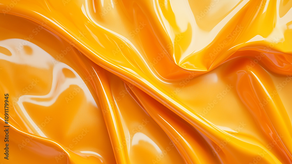 Fototapete Vibrant yellow glossy plastic texture with smooth, flowing folds and reflections. surface appears shiny and dynamic, creating abstract and modern visual effect