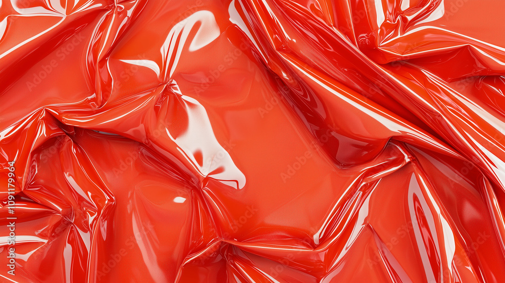 Fototapete Glossy red plastic texture with crumpled surface, reflecting light dynamically. vibrant color and shiny finish create striking visual effect, perfect for modern design concepts