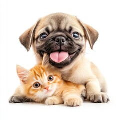 Obraz premium An adorable little red kitten and a funny pug dog isolated on white
