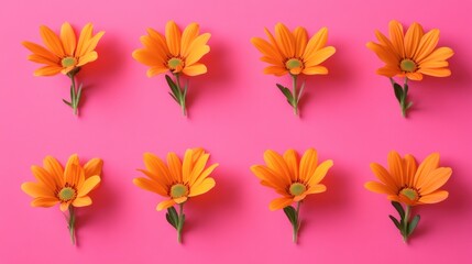 Obraz premium Bright Orange Flowers Arranged Symmetrically on a Vivid Pink Background for Fresh and Vibrant Floral Decor, Craft, or Design Inspiration