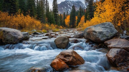 Autumn Stream Flowing Through Rocky Mountain Landscape