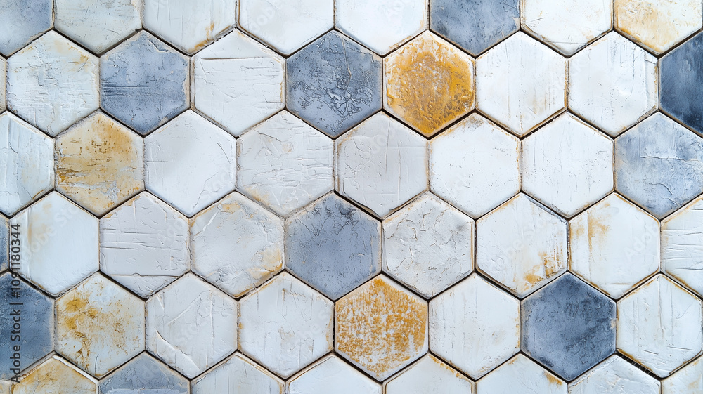 Aufkleber Hexagon tile texture in mix of white, gray, and yellow tones, creating rustic and artistic pattern. top view highlights geometric arrangement and subtle color variations