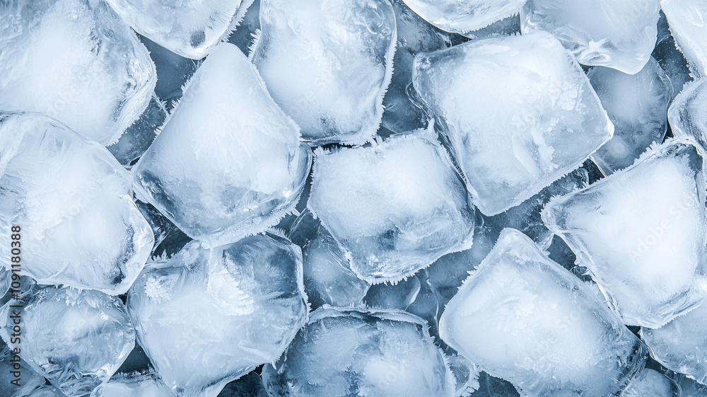 Poster top view of ice cubes showcases their clear, frosty texture, creating refreshing and cool visual. ar