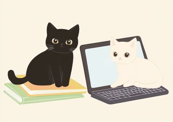 In the background, a black kitten sits on a mini laptop computer stacked on books, pointing at the screen with one paw and resting its other paw on the keyboard. She watches intently as her green