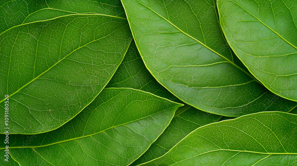 Poster vibrant green leaves with intricate vein patterns create natural texture in this top view image, sho