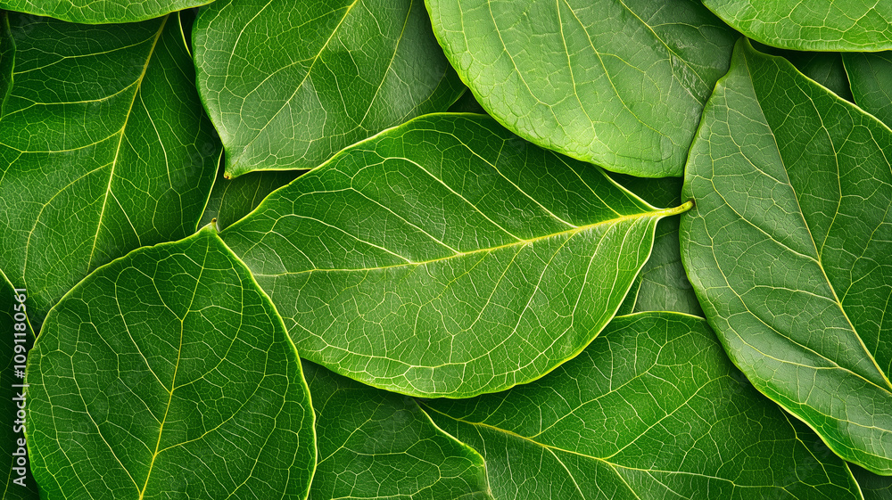 Poster vibrant collection of green leaves with intricate vein patterns, viewed from above, creating natural