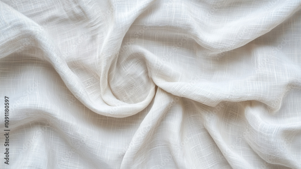 Poster soft white linen fabric with delicate texture, elegantly draped in gentle folds, creating serene and
