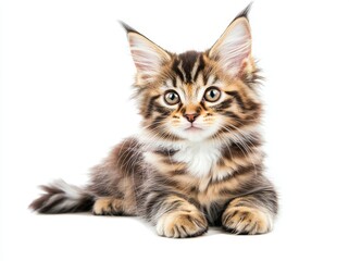 Obraz premium Fluffy kitten isolated on white background. Close-up studio photo of an adorable curious young cat looking up.
