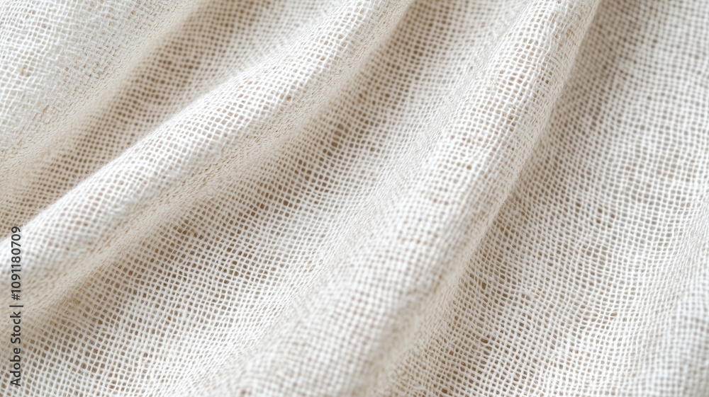 Aufkleber close up view of textured linen fabric, showcasing its natural weave and soft folds. fabric light color and intricate pattern create sense of elegance and simplicity