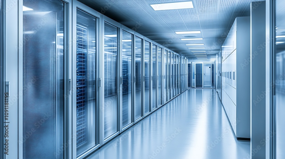 Fototapete Futuristic Data Center with Rows of Modern Servers in Sleek High Tech Environment : Generative AI