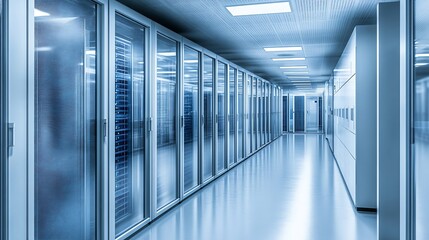 Futuristic Data Center with Rows of Modern Servers in Sleek High Tech Environment : Generative AI
