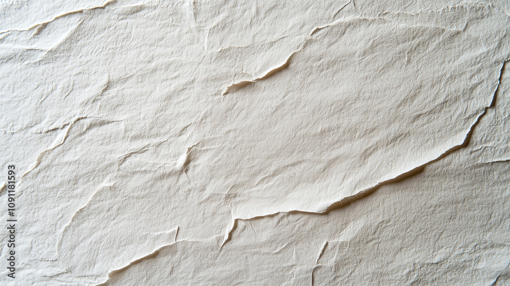 Poster Crumpled white paper texture with natural folds and creases, creating organic and tactile surface. Ideal for backgrounds or design elements, this texture adds depth and interest