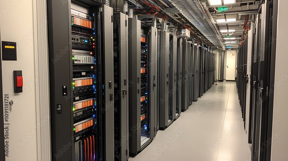 Fototapete Modern Data Center Corridor with Rows of Servers and Advanced Networking Technology Infrastructure : Generative AI
