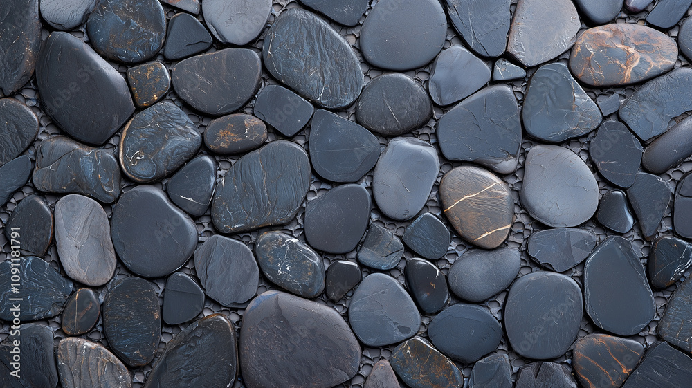 Aufkleber Smooth black pebble stones create natural, textured surface in this top view image, showcasing variety of shapes and subtle color variations