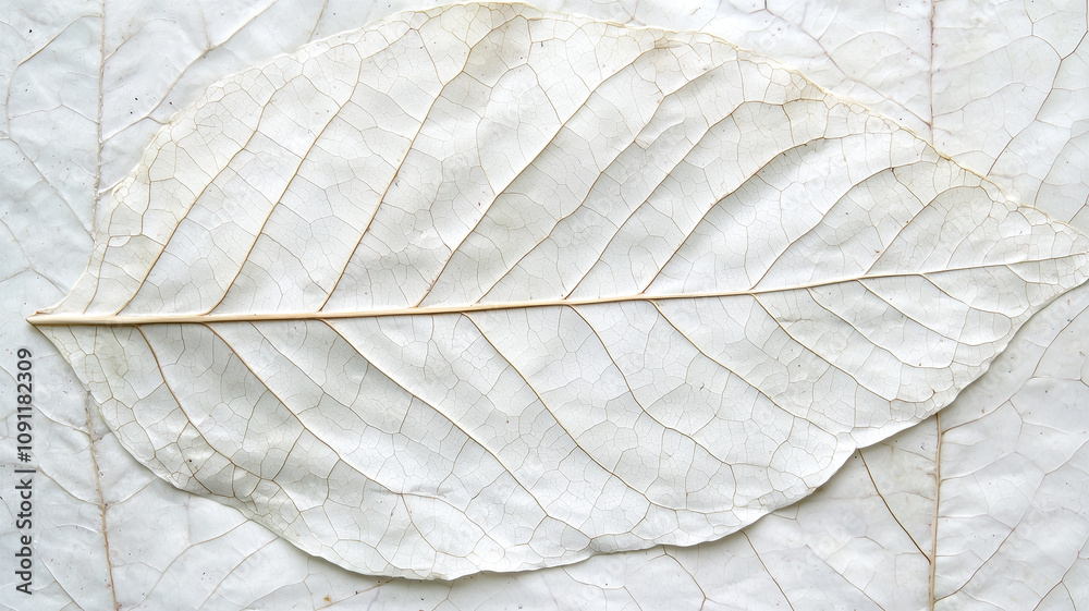 Poster delicate, pressed leaf with intricate vein patterns is displayed on textured white background, showc