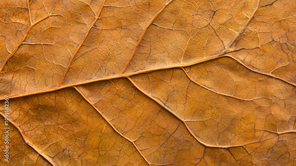 Poster close up of dried leaf showing intricate vein patterns and rich autumnal hues, highlighting nature d