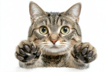 Standing Scottish Straight cat with raised paw on white background, a charming curious cat with raised paws