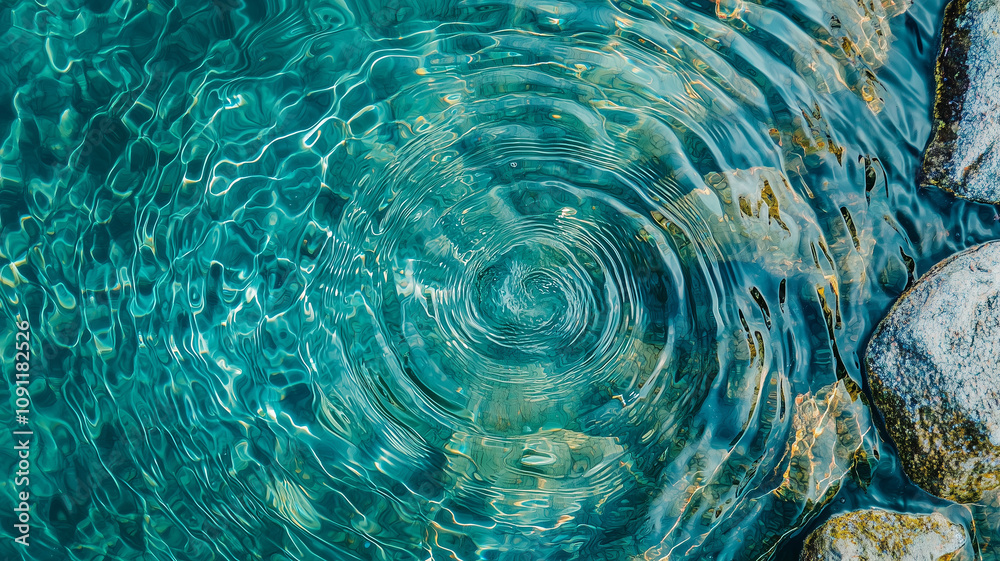 Poster rippling lake water texture with top view, showing clear turquoise hues and gentle waves near rocks,