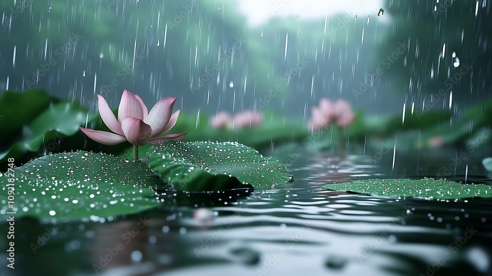 Poster tranquil lotus flower on a pond during gentle rain in a serene natural setting : generative ai