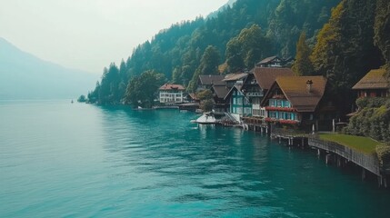 Obraz premium Tranquil Swiss Village by the Serene Lake Surrounded by Lush Mountains and Charming Traditional Houses Under a Clear Sky in a Picturesque Landscape