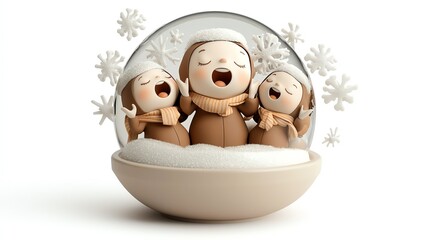 Snow globe with choir singing carols, joyful winter scene, white background, watercolor style