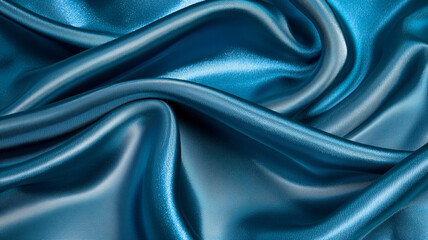 Naklejka premium Luxurious blue silk fabric with smooth, flowing texture, creating elegant and sophisticated appearance. shiny surface reflects light beautifully, enhancing its rich color