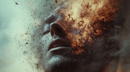 A surreal representation of a face dissolving into particles, symbolizing the fragmentation of identity and the human psyche.