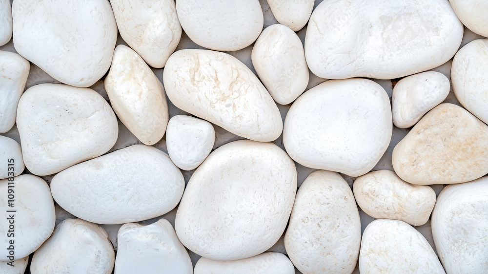 Aufkleber Smooth white pebbles arranged in seamless pattern, showcasing natural texture and organic shapes. stones vary in size, creating harmonious and calming visual effect