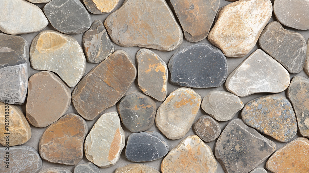 Poster Smooth pebbles in various earthy tones create natural, textured surface. stones are closely arranged, showcasing mix of shapes and subtle color variations, evoking sense of calm