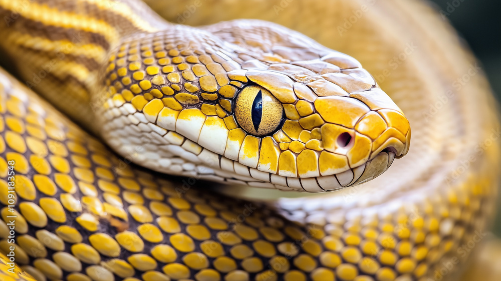 Poster golden snake with intricate scale pattern and piercing eyes, coiled in close up view. detailed textu