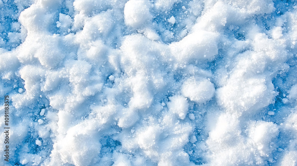 Poster top view of fluffy snow texture with soft, powdery appearance, creating serene and peaceful winter s