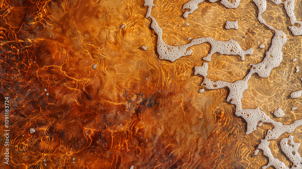 Poster golden sunset light reflects on textured surface of lake, creating intricate patterns with foamy wav