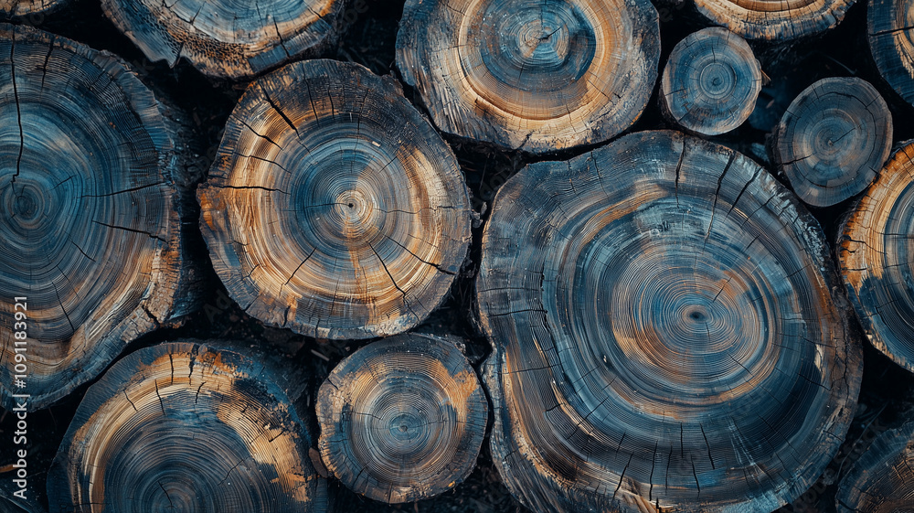 Poster top view of tree stump rings reveals intricate textures and patterns, showcasing natural beauty and history of wood. concentric circles and cracks add depth and character