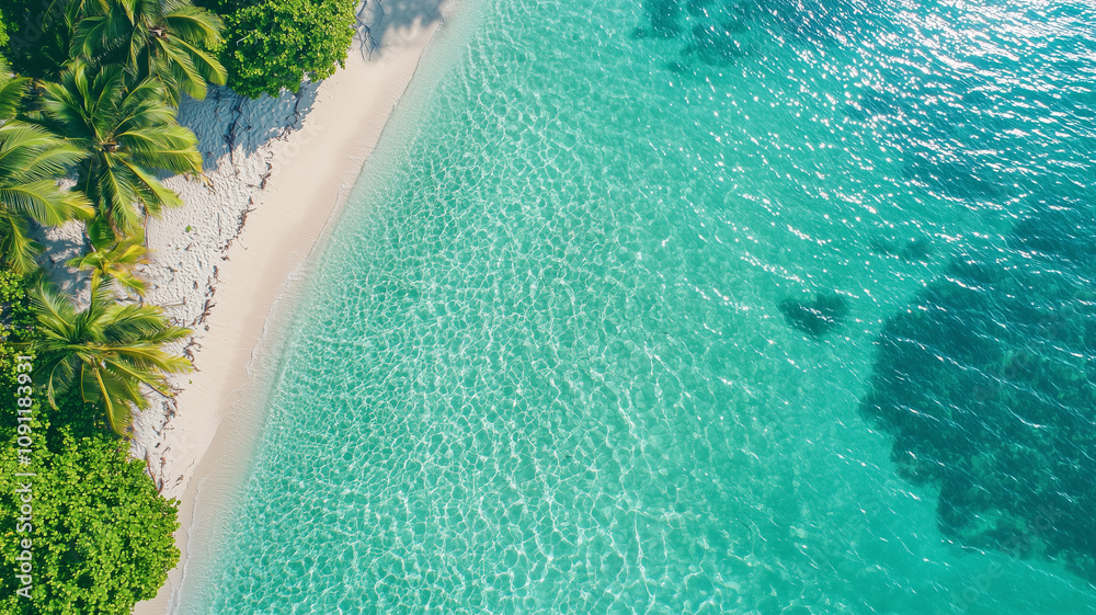 Aufkleber aerial view of tropical beach with clear turquoise water and lush green palm trees, creating serene 